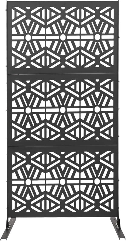 75" H×35" W Decorative Outdoor Privacy Screen with Stand, Outdoor Decor Privacy Fence Screen Metal Fence Panels, Free Standing Metal Divider for Patio Lawn Deck (Black-Rhombus)