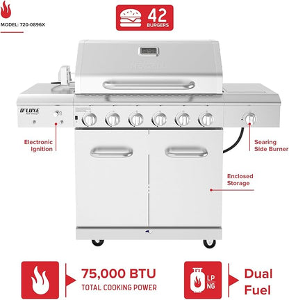 Nexgrill Deluxe 6-Burner Propane Gas Grill with Ceramic Searing Side Burner, Stainless Steel Frame, Rotisserie Kit, 60,000 BTUs Output, BBQ Grill Perfect for Outdoor Gatherings - 720-0896X