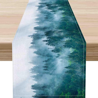 Forest Table Runner, Rustic Farmhouse Misty Pine Tree Woodland Mountain Country Coffee Table Center Decor for Home Kitchen Dining Patio Holiday Party Indoor Outdoor Table Decorations, 13"x72" Inch