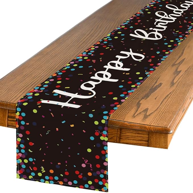 Artoid Mode Polka Dot Black Happy Birthday Table Runner, Seasonal Halloween Kitchen Dining Table Decoration for Home Party Decor 13x90 Inch