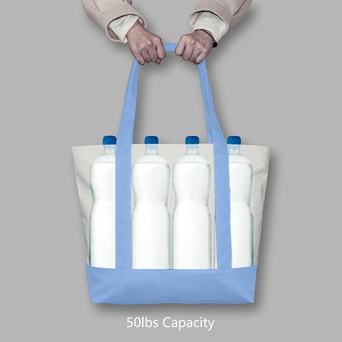 TOPDesign 1-Pack Canvas Tote Bag with an External Pocket, Reusable Grocery Shopping Bag, Top Zipper Closure, Daily Essentials (Light Blue/Natural)