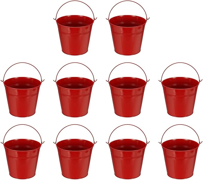 Small Metal Buckets, Mini Buckets with Handle Galvanized Colored Tin Pail Containers Basket Party Supplies - Fit for (Halloween - Classroom Crafts) 5" & 10Pcs & Red