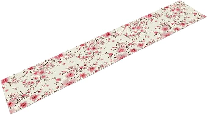 Cherry Flower Table Runner, Seasonal Spring Cherry Blossoms Branches Watercolor Floral Print Table Cover for Kitchen Dining Table Indoor Outdoor Party Decor, 13x90inch