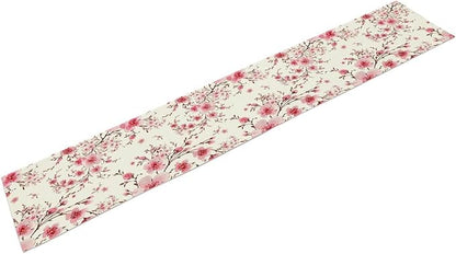 Cherry Flower Table Runner, Seasonal Spring Cherry Blossoms Branches Watercolor Floral Print Table Cover for Kitchen Dining Table Indoor Outdoor Party Decor, 13x60inch