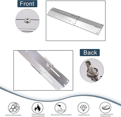 Universal replacement heavy duty adjustable heat plate shield,Burner cover,Flavorizer bar,heat Tent,Flamer tamer for gas grill models,Extends from 11.75"up to 21"L (304 Stainless Steel, 4 Pack)