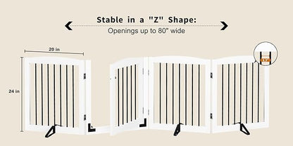 Freestanding Dog Gates with Door Walk Through, 80 inch Wide Gates Indoor, Dog Fences Indoor, Support Feet Included, 4 Panels, 32" Tall, White & Black