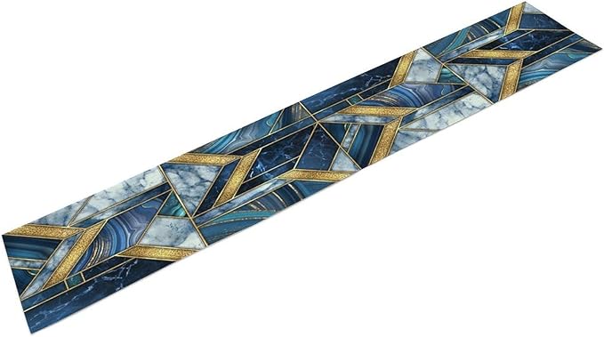 Marble Texture Table Runner, Dark Blue Gold Modern Mosaic Design Table Runner Decoration for Kitchen Family Dinner Table Holiday Party Farmhouse 13x60in
