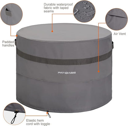 Grey Round Firepit Table Cover 32''Dia Waterproof Outoor Patio Gas Fire Bowl Cover 600D All Weather Resistant Fire Pit Covers Round