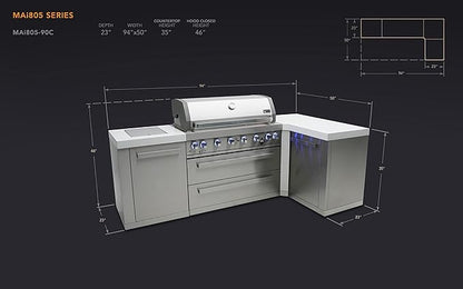 Mont Alpi MAi805-90 44-inch 6-Burner 115000 BTU 90 Degree Corner Stainless Steel Gas Outdoor Kitchen Bar Barbecue Island Grill + Infrared Side & Rear Burners + Granite Countertops + Storage Drawers