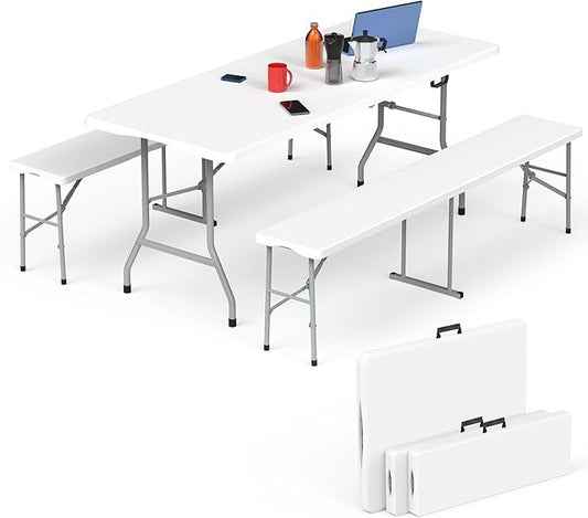 HLPB Folding Table Picnic Table Set, 6 ft Camping Table with 2 Benches, Outdoor Indoor Portable Folding Furniture for Working Meeting Party, Camping, Picnic, Weddings w/Handle and Safety Locks, White
