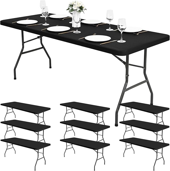 10 Pack Stretch Fabric Table Top Cap Cover, fits 6Ft Tables, Spandex Table Covers Washable Elastic Universal Rectangle Tablecloth Protector for Indoor Outdoor Party Picnic Wedding, Black,30" W x 72" L