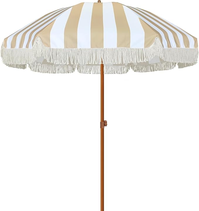 AMMSUN 7ft Patio Umbrella with Fringe Outdoor Tassel Umbrella UPF50+ Premium by AMMSUN
