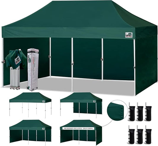 Eurmax USA 10'x20' Pop-up Canopy Tent Commercial Instant Canopies with 4 Removable Zipper End Side Walls and Roller Bag, Bonus 6 SandBags(Forest Green)