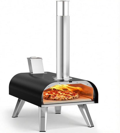BIG HORN OUTDOORS 12" Woodfire Pizza Stone Oven, 887°F Outdoor Stainless Pizza Cooker, Portable for Party Usage, Black