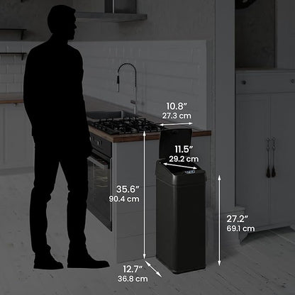 iTouchless 50 Liter / 13 Gallon Kitchen Trash Can with Lid & AbsorbX Odor Filter – Motion Sensor Matte Black Stainless Steel Garbage Bin for Home, Office, or Garage – Slim, Large Capacity Design