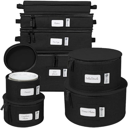 China Storage Hard Shell Containers 8-Piece Set Moving Boxes for Dinnerware, Glasses, Plates, Mugs and Saucers Sturdy Dish Organizer with Dividers for Seasonal Storage - Service for 12 - Black