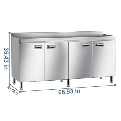 KINGBO 66.9" Stainless Steel Table Cabinet Heavy Duty Prep Table with 304 Stainless Steel Worktop Commercial Worktable Workbench with Storage Cabinet for Kitchen Garage Restaurant Outdoor