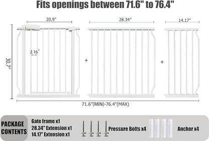 Extra Wide Baby Gates - 71.6-76.4 Inch, Heavy Duty Baby & Pet Safety Gate, White Metal, Tension Mounted Child & Pet Gates for Stairs & Doorways