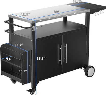ROOMTEC Outdoor Grill Cart with Storage,Patio Kitchen Island with WheelsHooks and Spice Rack,Waterproof Outdoor Grill Table,Movable BBQ Serving Cart Rolling Bar Cart for Home Party Bar