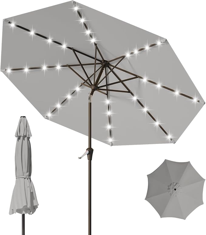 9FT Patio Umbrella with Solar Lights, Outdoor Market Umbrella with Tilt and by YourPerfectOutdoorEscape