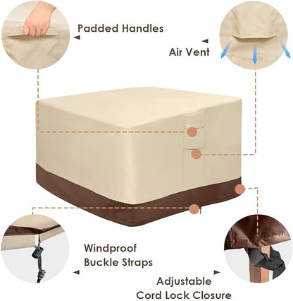 Vailge Fire Pit Cover Square,100% Waterproof Square Gas Firepit Table Cover,Outdoor Heavy Duty Lawn Patio Furniture Covers with Air Vent and Handle,32" L x 32" W x 16" H,Beige & Brown