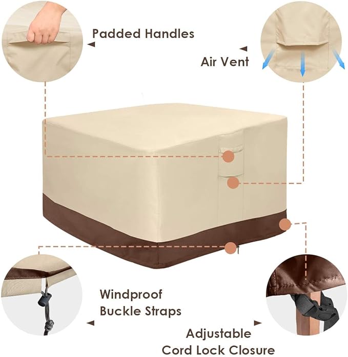 Vailge Fire Pit Cover Square,100% Waterproof Square Gas Firepit Table Cover,Outdoor Heavy Duty Lawn Patio Furniture Covers with Air Vent and Handle,44"L x 44"W x 24"H,Beige & Brown