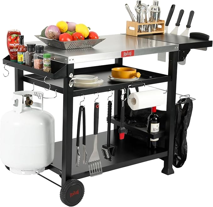 Outdoor Grill Table Cart, Pizza Oven Stand for Outdoor Indoor, 40" x 26" Stainless Steel Tabletop Dining BBQ Grill with Wheels for Food Prep, 3-Shelf Kitchen Cart with Cover