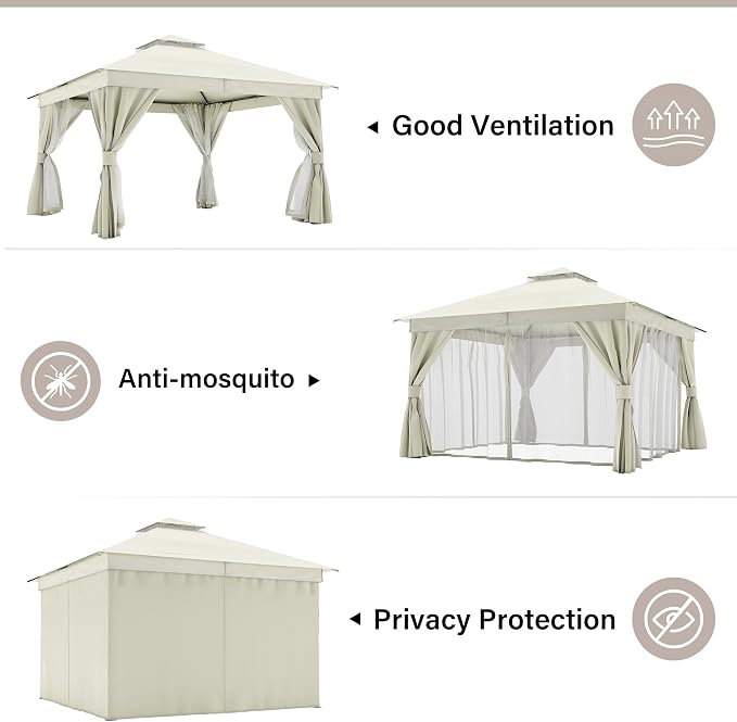 12'x12' Outdoor Gazebo with 100FT String Lights, Metal Heavy Duty Patio Canopy - Image 3