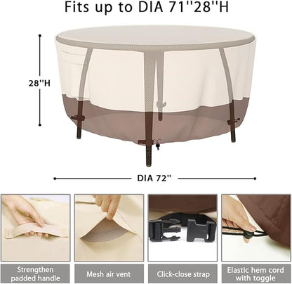 Patio Furniture Covers, Heavy Duty Round Patio Table Cover (72D x 28H Inch) Outdoor Dining & Coffee Table Cover for Veranda, Lawn, Table, Chair-Waterproof & Weather Resistant, Anti UV - Beige & Brown