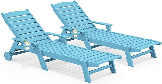 SERWALL Patio Chaise Lounge Chair Set of 2, 78'' Long 5-Positions Adjustable HDPE Outdoor Lounger for Pool, Poly Lounge Chair with Rolling Wheels & Cup Holder for Poolside, Deck, Light Blue