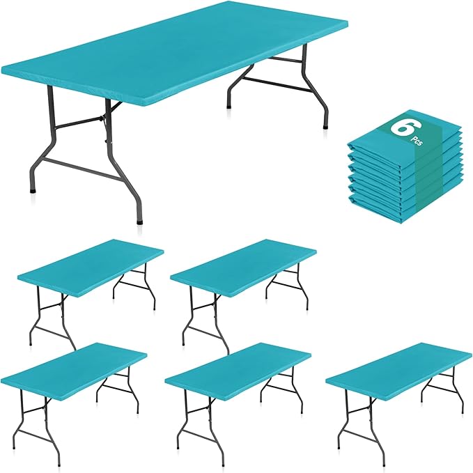 LUSHVIDA 6 Packs Vinyl Tablecloths with Flannel Backing for 8ft Rectangle Folding Table Cloths - Waterproof Plastic Picnic Table Covers with Elastic Corners, 30x96 inch, Teal