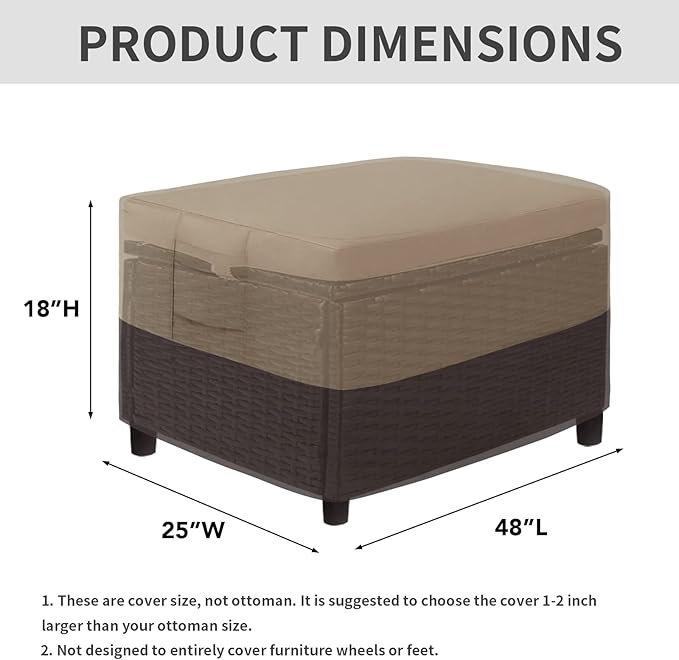 Easy-Going Outdoor Ottoman Cover, Waterproof Patio Ottoman Cover, Heavy Duty Patio Rectangular Coffee Table Cover with Padded Handles (48"x25"x18", Camel/Dark Brown)