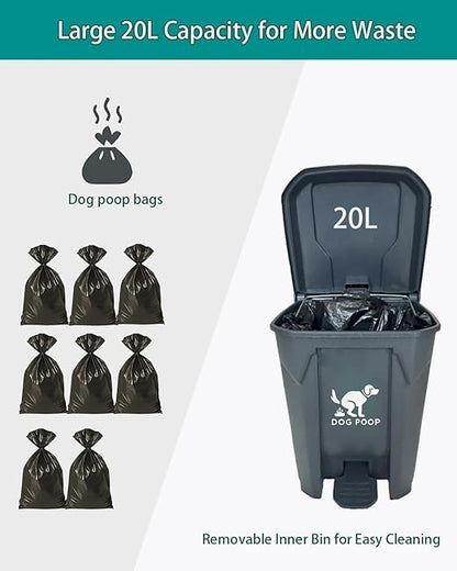 Large Dog Poop Trash Can Outdoor 20L / 5.3 Gallon - Waterproof Pet Waste Station with Foot Pedal, Removable Inner Bucket & 100 Bags for Backyard Garden Odor Control