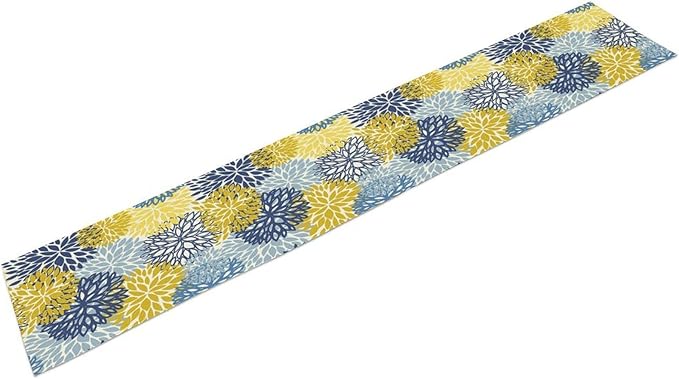 Dahlia Flower Table Runner,Blue Yellow Floral Print Table Runner for Kitchen Dining Table Dinner Holiday Home Party Indoor Outdoor Decor 13x70in