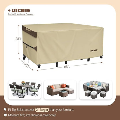 Outdoor Patio Furniture Cover - Heavy Duty Waterproof 600D Tough Canvas Protector for Rectangular Table Cover, All-Season Dining Table and Chair Covers (88L x 58W x 28H Inch)
