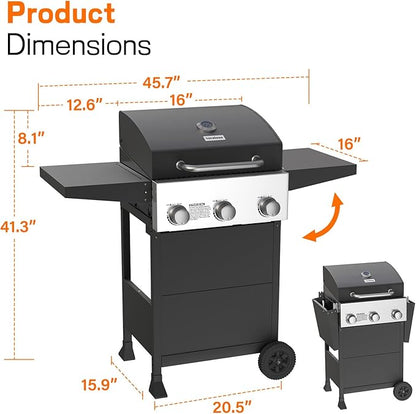 Veralune 3 Burner Propane Gas Grill, 36,000 BTU Stainless Steel Outdoor BBQ Grill with Built-In Thermometer, Lid, Foldable Side Shelves & Wheels for Patio, Garden & Backyard Cooking