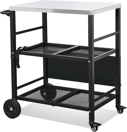 VINGLI Stainless Steel Foldable Grill Table Cart, Outdoor Food Prep Rolling Cart with Wheels and Storage Shleves, Paper Towel Holder, Easy Movable Kitchen Island for Home, Patio, Pizza Oven