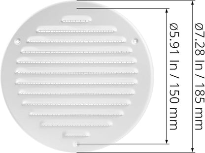 White Metal 6'' Inch Round Ventilation Grille - Inside/Outside use - (Grille: 6''Ø/Cover Area: 7.25''Ø) - Air Vent Louver - Available 4 Sizes / 2 Types / 1 Color.
