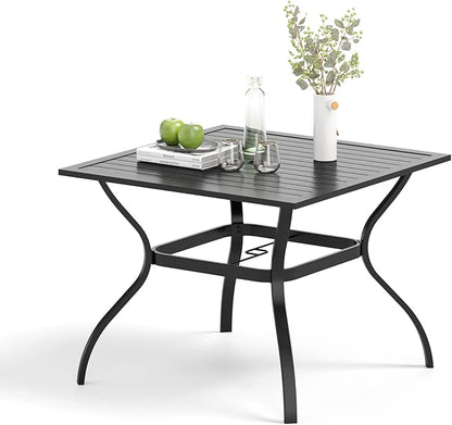 Outdoor Patio Square Dining Table, 37"x 37" Metal Slatted Tabletop with Adjustable Umbrella Hole, All Weather Wrought Iron Black Outdoor Table for Deck Lawn Garden Backyard, Black