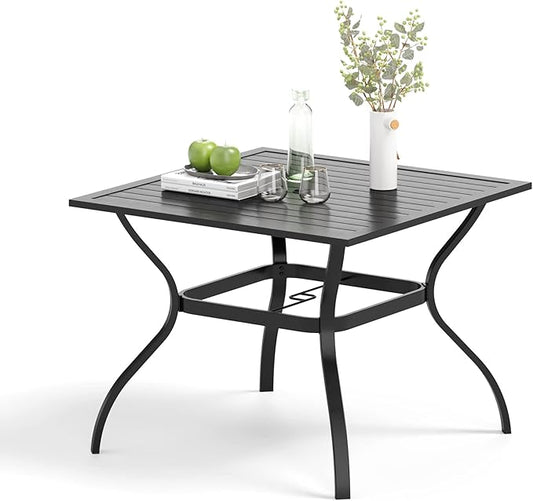 Outdoor Patio Square Dining Table, 37"x 37" Metal Slatted Tabletop with Adjustable Umbrella Hole, All Weather Wrought Iron Black Outdoor Table for Deck Lawn Garden Backyard, Black