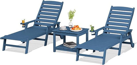 SERWALL Outdoor Lounge Chairs Set with Side Table, HDPE Patio Chaise Lounge All Weather Outdoor Lounger Set of 3 for Pool, Deck, Blue