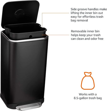 Amazon Basics Rectangular Metal Trash Can With Soft-Close Foot Pedal, 32 liter/8.5 gallon, 14"L x 14"W x 25.3"H, Black