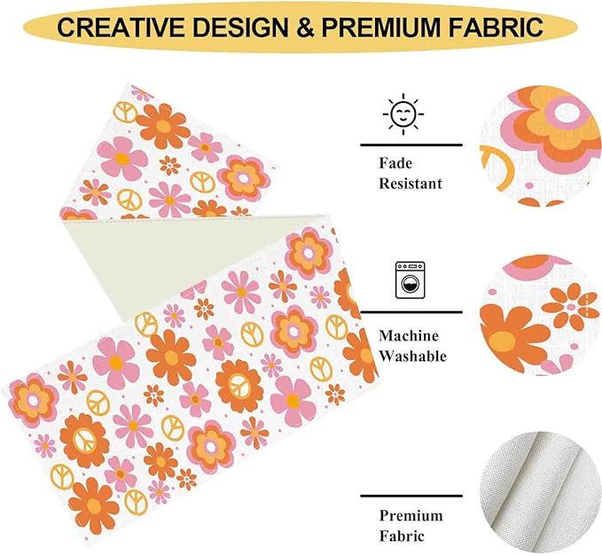 Groovy Floral Table Runner, Retro 70s Hippie Floral Funky Pink Cute Flower Trippy Coffee Table Center Decor for Home Kitchen Dining Patio Holiday Party Indoor Outdoor Table Decorations, 13"x90" Inch