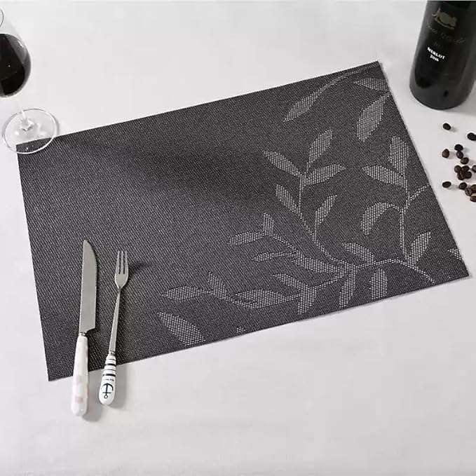 Leaf Placemats Set of 4, Non-Slip Heat-Resistant 18" x 12" Vinyl Washable Placemats for Kitchen Indoor Outdoor Party Birthdays Weddings Decoration (Black)