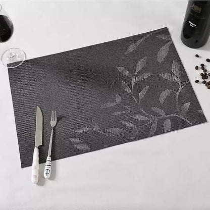 Leaf Placemats Set of 4, Non-Slip Heat-Resistant 18" x 12" Vinyl Washable Placemats for Kitchen Indoor Outdoor Party Birthdays Weddings Decoration (Black)