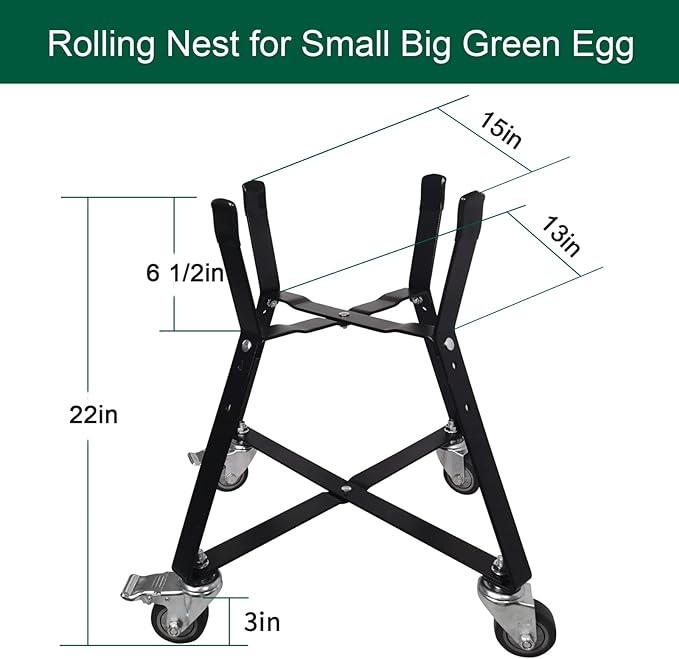 Small Big Green Egg Nest, Grill Stand for Big Green Egg Accessories, Rolling Nest with Heavy Duty Locking Caster Wheels Powder Coated Steel for BGE Smoker Kamado Joe Accessories