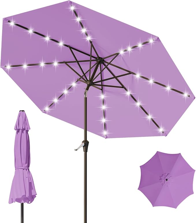 9FT Patio Umbrella with Solar Lights, Outdoor Market Umbrella with Tilt and by YourPerfectOutdoorEscape