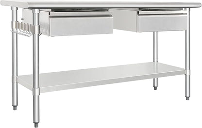 HARDURA Stainless Steel Prep Table with Drawer 24" x 60" NSF Heavy Duty Bench with Undershelf, Hook and Galvanized Legs for Commercial Food Prep