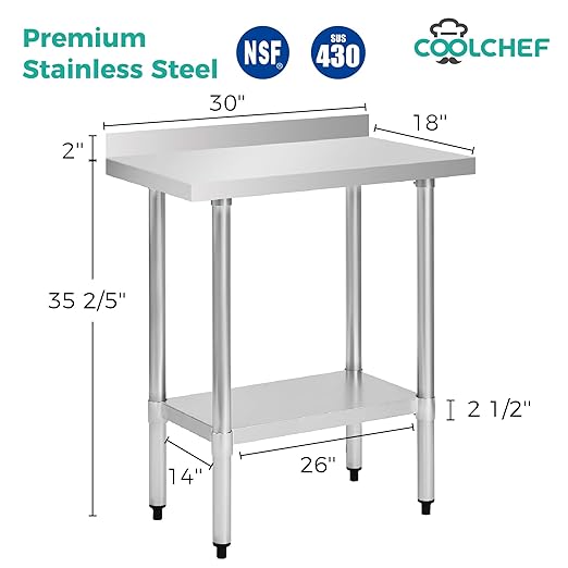 Stainless Steel Work Table 18 x 30 Inch, NSF Commercial Prep Table with Undershelf, Heavy Duty Food Prep Workstation with Backsplash
