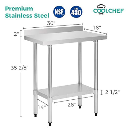 Stainless Steel Work Table 18 x 30 Inch, NSF Commercial Prep Table with Undershelf, Heavy Duty Food Prep Workstation with Backsplash